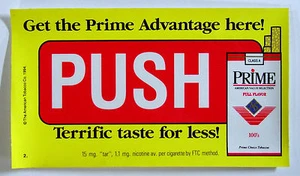 Prime Sigarettes Push/Pull Decalcomania, 1994, 3 3/4" x 6 1/2" - Foto 1 di 2