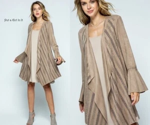 New VOCAL Womens STUNNING TAUPE CRYSTAL FAUX SUEDE CARDIGAN JACKET S M L XL - Picture 1 of 8