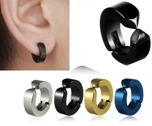 Herren Frauen Clip On Reifen Ohrstecker, Edelstahl Silber, Gold, Schwarz, Blau, 14 mm - Bild 1 von 18