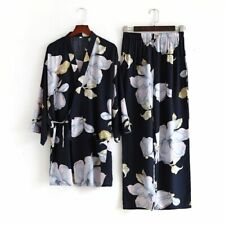 Neu Chinesisch Japanisch Groß Blumen Schwarz Lang Damen Kimono Pyjama ladpj308