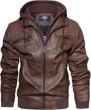 HOOD CREW Men Faux Leather Jacket with Detachable Hood Casual Motorcycle Bomber 