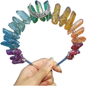 Bunter Rohkristall Quarz Krone Stirnband Metall Antik Mond Diadem Haarreif - Bild 1 von 52