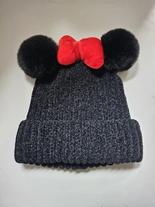 Disney Minnie Mouse Beanie Black Hat pom-pom Mouse Ears Red Bow - Picture 1 of 3