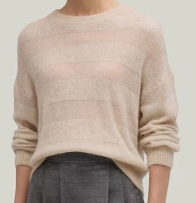 Brunello Cucinelli 女式米色条纹莫哈里羊毛圆领毛衣 M 码 — 第 1/4 张图片