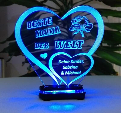 Muttertag beleuchtetes Geschenk Geburtstag IHR NAME - Beste Mama Herz LED-Licht. - Bild 1 von 4