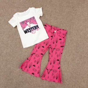 Cowgirl Baby Western Cow Bell Bottom Jeans Denim Pants Outfit - Picture 1 of 11