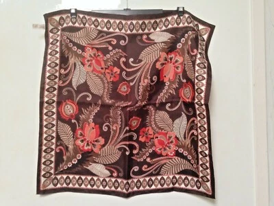 Vintage 1960s scarf, ivory browns reds handprinted floral, hand rolled edges VGC - Image 1 of 4