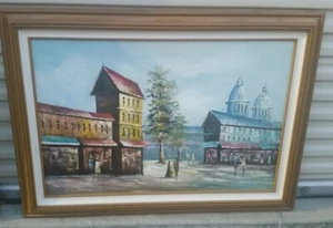 DILLON TOURISTS IN SEASIDE TOWN ORIGINAL OIL ON CANVAS SEASCAPE PAINTING - Picture 1 of 4