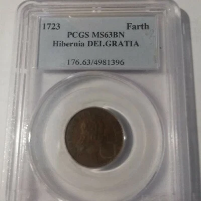 Very Rare 1723 US Colonial Hibernia Ireland Farthing PCGS MS 63 - Image 1 of 2