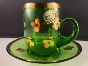 Bohemian Glass Green Demitasse Cup 2 3/4"h & Saucer 4"d Czechoslovakia - Picture 1 of 8