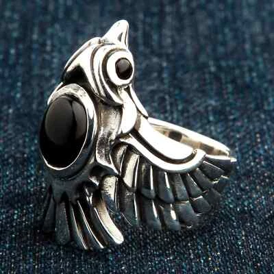 Cabochon Black Onyx Stone 925 Sterling Silver Phoenix Ring Bird Gothic - Image 1 of 4