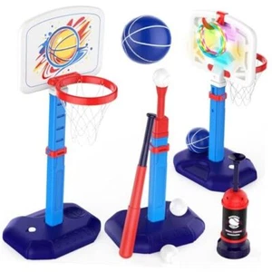 4 in 1 Kids Basketball Hoop and T Ball Set & Ring Toss Game Blue&Pink Blue Color - Picture 1 of 7
