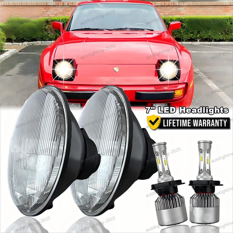 For Porsche 944 1983-1991 Pair 7" inch Round LED Headlights Hi-Low Beam H4 9003 - Image 1 of 4