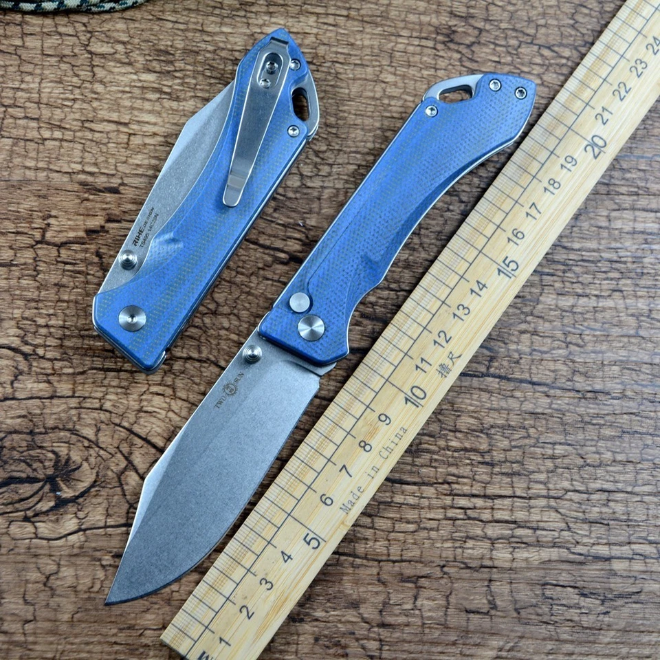 Navaja de Bolsillo Plegable TWOSUN 14C28N Hoja Cerámica Rodamiento de Bolas Azul Micarta TS495 Foto 1 de 4