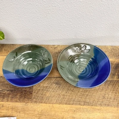 Blue And Grey Handmade Pottery Bowls Blueberry’s Stamps Set Of 2 - Image 1 of 4
