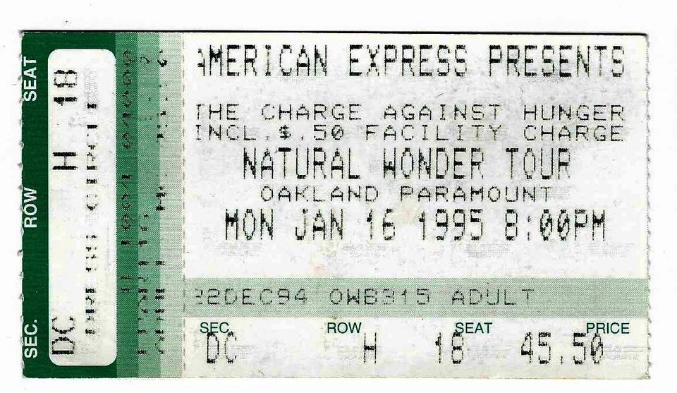 Stevie Wonder 1/16/95 Oakland CA Paramount Theater Natural Wonder Ticket Stub - Image 1 of 1
