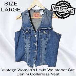 Vintage Women’s Large Levis Waistcoat Cut Denim Collarless Vest FAST SHIPPING - Picture 1 of 6