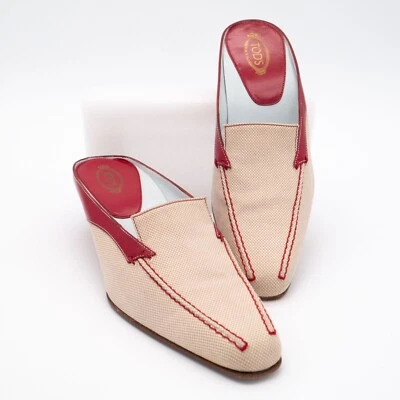 Tod's Sabot Pelle Donna Crema Lona/Rojo Charol Gatito Tacón Mules EU 38M Foto 1 de 4