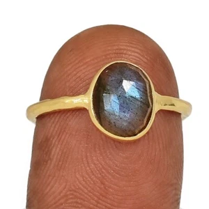 18k Gold Vermeil - Natural Labradorite - Madagascar 925 Silver Ring s.7 CR72826 - Picture 1 of 1