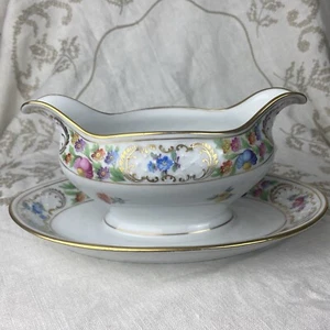 Antique Schumann Bavaria Gravy Boat Attached Sauce Dish - Dresden Flowers - Picture 1 of 8