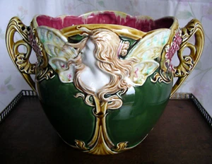 Frankreich Onnaing Cachepot LA FEMME PAPILLON Jugendstil 1890 Übertopf Keramik - Bild 1 von 15