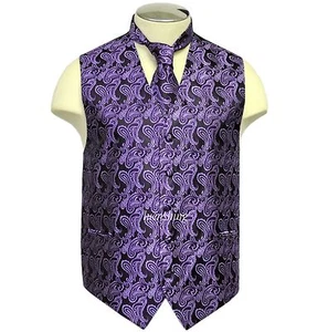 New Brand Q Men's formal Paisley vest tuxedo waistcoat Neck tie Purple wedding  - Picture 1 of 4