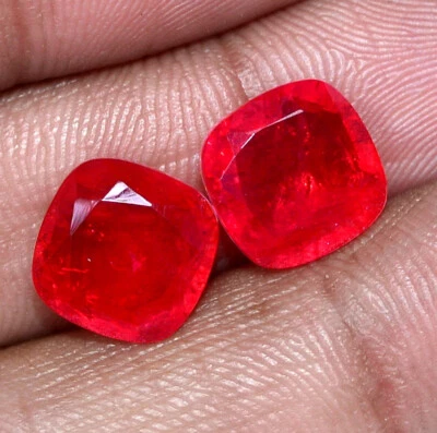 Ruby Color Doublet Cushion Cut Pair 10x10 mm 7.84 CTS Faceted Loose Gemstones - Image 1 of 4