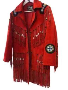 Women Red Suede Leather Western Style Jacket Fringed & Bead Work - Picture 1 of 6
