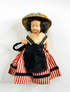 Vintage 1950's Celluloid Doll Red Striped Dress Floral Straw Hat - Picture 1 of 7