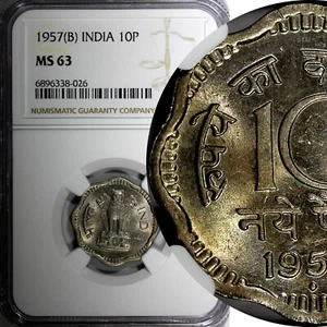 India-Republic Copper-Nickel 1957 (B) 10 Naye Paise NGC MS63 KM# 24.1  (026) - Picture 1 of 5
