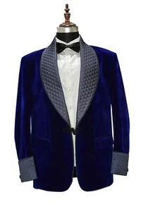 Giacca da fumo velluto blu trapuntato cappotto matrimonio sera cena cocktail blazer - Foto 1 di 3