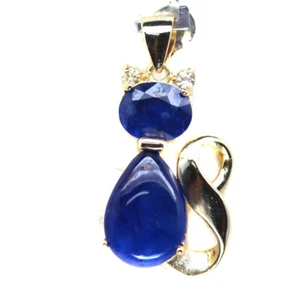 Gemstone Heated Blue Sapphire & White Zircon Cat Pendant 925 Sterling Silver - Picture 1 of 4