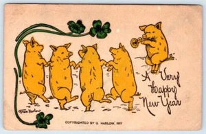 1907 GRACE HARLOW ANTHROPOMORPHIC PIGS HAPPY NEW YEAR ARTIST SIGNED POSTCARD - Picture 1 of 2