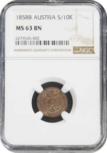 1858-B Austria 5/10 Kreuzer Choice Uncirculated NGC MS63 BN - Picture 1 of 3
