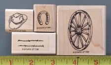 WAGON WHEEL/LUCKY HORSESHOE/COWBOY HAT/BARBED WIRE SET OF 4 STAMPS Wood/Rubber