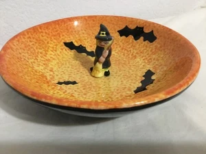 Vintage Halloween Ceramic Candy Dish Mini Witch Orange & Black With Bats, 2003 - Picture 1 of 6