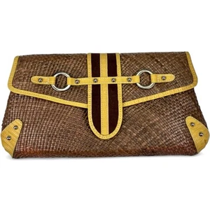 Shiraleah Clutch Bag Straw Boho Hippie Basketweave Brown Yellow - Picture 1 of 10