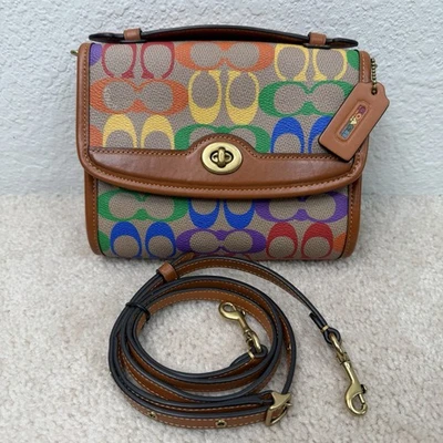 Coach Kip tiracolo arco-íris assinatura lona couro alça ajustável trava - Imagem 1 de 4