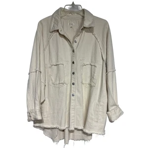 Chaqueta de mezclilla POL marfil deshilachada dobladillo crudo apliques de estrellas chaqueta de gran tamaño L - Imagen 1 de 9