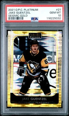 2021-22 O-Pee-Chee Platinum #21 Jake Guentzel Seismic Gold 1/50 PSA 10 - Image 1 of 3