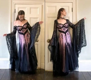 Fairy Gothic Victorian Wedding Dress Black Pink Lace Appliqued Long Sleeves - Picture 1 of 11