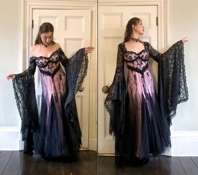 Vestido de noiva vitoriano gótico fada preto rosa renda aplique mangas compridas - Imagem 1 de 4
