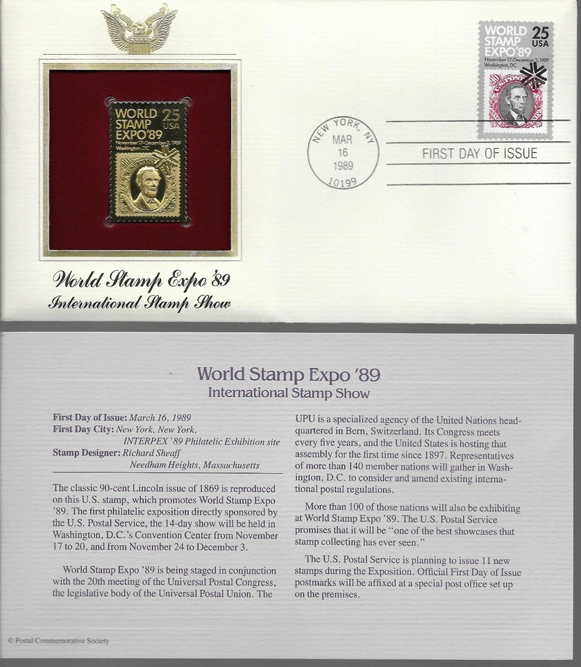 World Stamp Expo 89-International Stamp Show-1st day issue-Golden Replica - Image 1 of 1