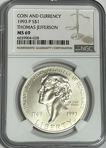 1993 P $1 NGC MS69 THOMAS JEFFERSON COMMEMORATIVE DOLLAR COIN AND CURRENCY SET Cover