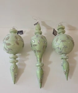 Sullivans Glass Sugared Glittered Beaded Ornaments Set Of 3 Mint Green Silver - Picture 1 of 11