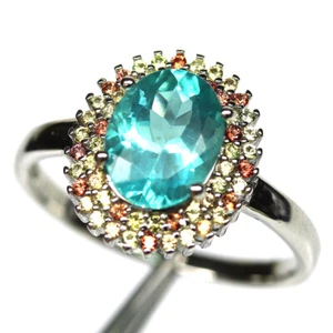 Anello In Argento Sterling 925 Con Apatite Blu Neon E Zaffiro, Misura 7.75 - Foto 1 di 4