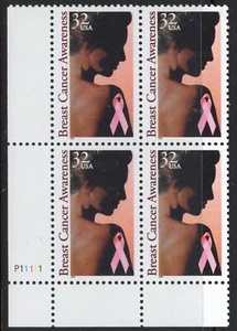 US #3081 32¢ Breast Cancer Awareness Pink Ribbon LL Plate Block 1996 MNH - Picture 1 of 1