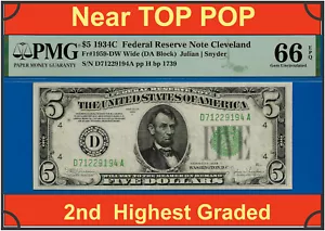 1934C $5 Federal Reserve Note PMG 66EPQ 2nd highest graded Cleveland Fr 1959-DW - Picture 1 of 4