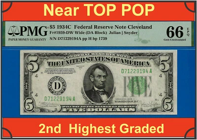 1934C $5 Federal Reserve Note PMG 66EPQ 2nd highest graded Cleveland Fr 1959-DW - Image 1 of 4