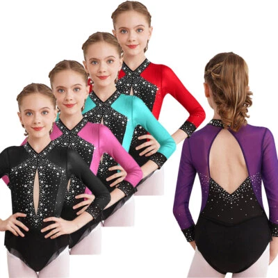 UK Girls Rhythmic Gymnastics Leotards Splice Mesh Skirted Bodysuit Dancewear